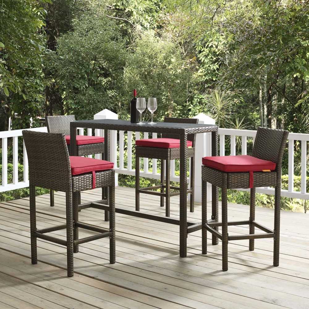 Conduit Bar Stool Outdoor Patio Wicker Rattan Set of 4, Brown Red
