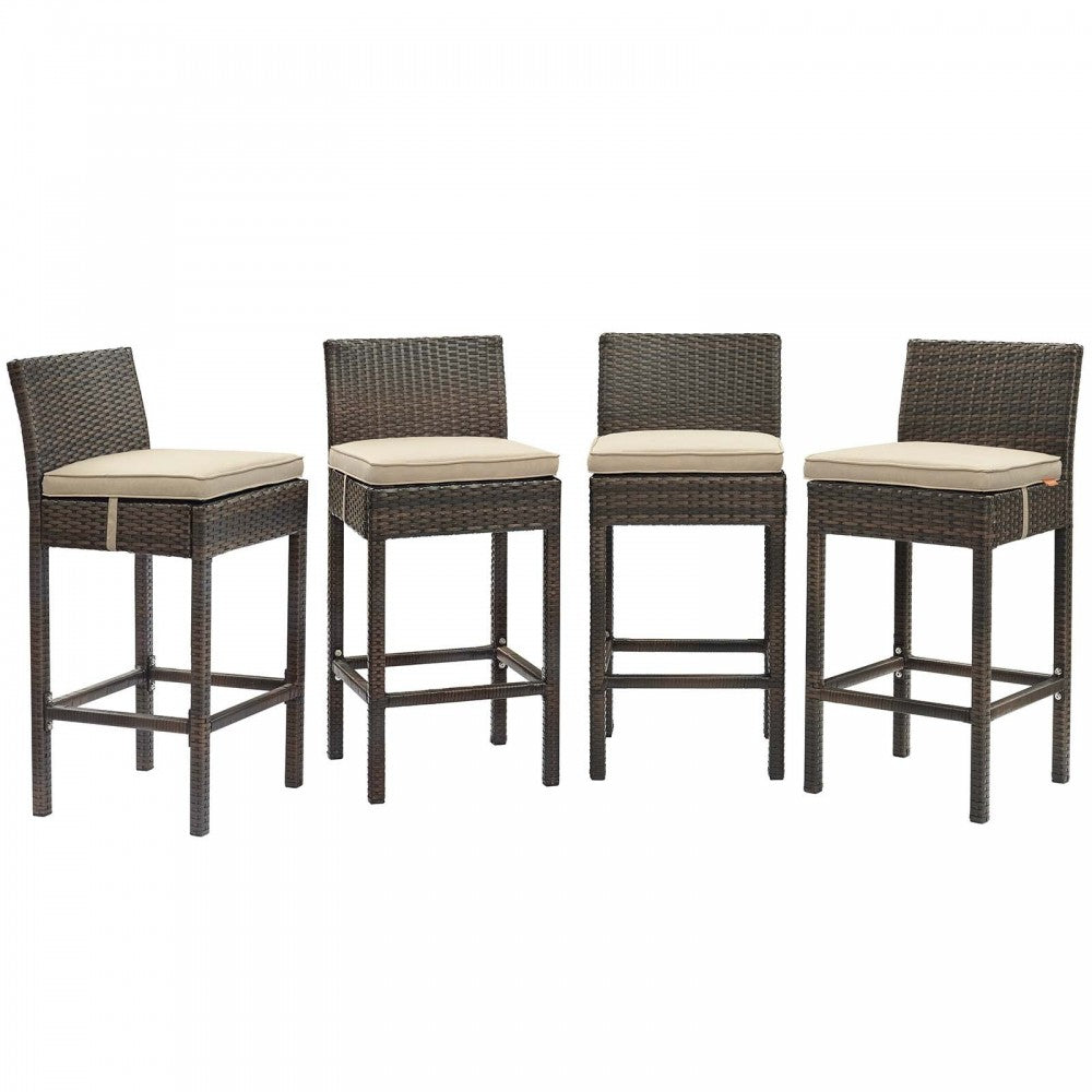 Conduit Bar Stool Outdoor Patio Wicker Rattan Set of 4, Brown Beige