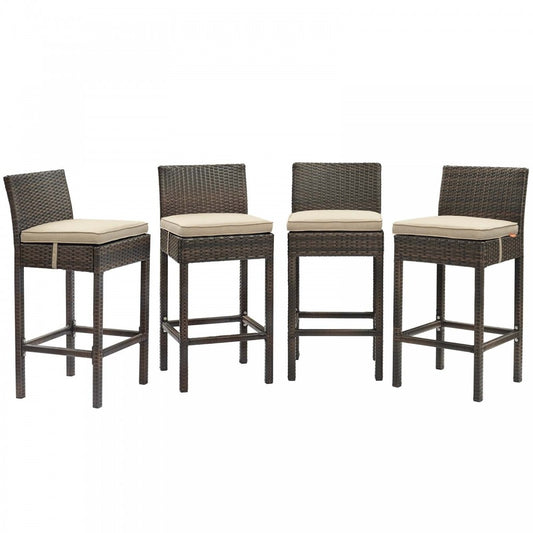 Conduit Bar Stool Outdoor Patio Wicker Rattan Set of 4, Brown Beige
