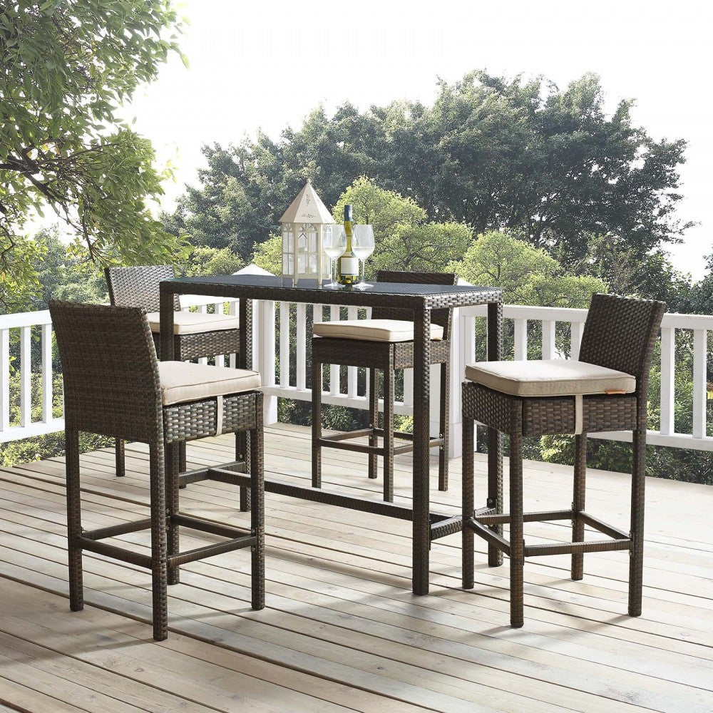 Conduit Bar Stool Outdoor Patio Wicker Rattan Set of 4, Brown Beige