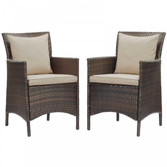 Conduit Outdoor Patio Wicker Rattan Dining Armchair Set of 2, Brown Beige