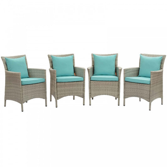 Conduit Outdoor Patio Wicker Rattan Dining Armchair Set of 4, Light Gray Turquoise