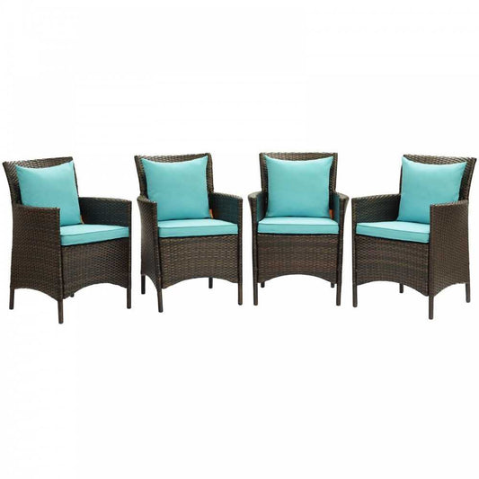Conduit Outdoor Patio Wicker Rattan Dining Armchair Set of 4, Brown Turquoise