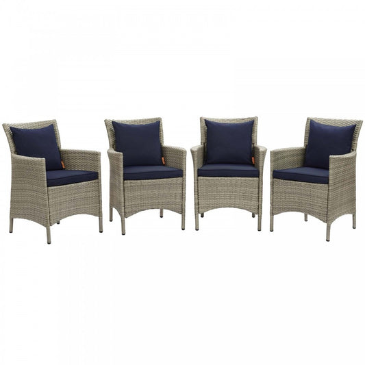 Conduit Outdoor Patio Wicker Rattan Dining Armchair Set of 4, Light Gray Navy