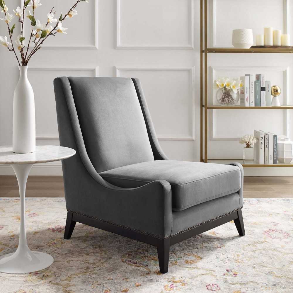 Confident Accent Upholstered Performance Velvet Lounge Chair, Gray