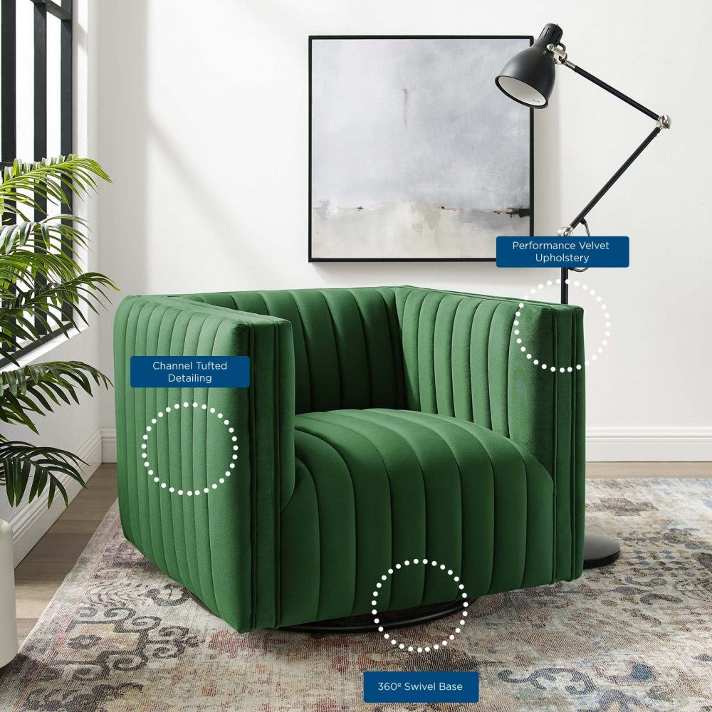 Conjure Channel Tufted Performance Velvet Swivel Armchair, Emerald
