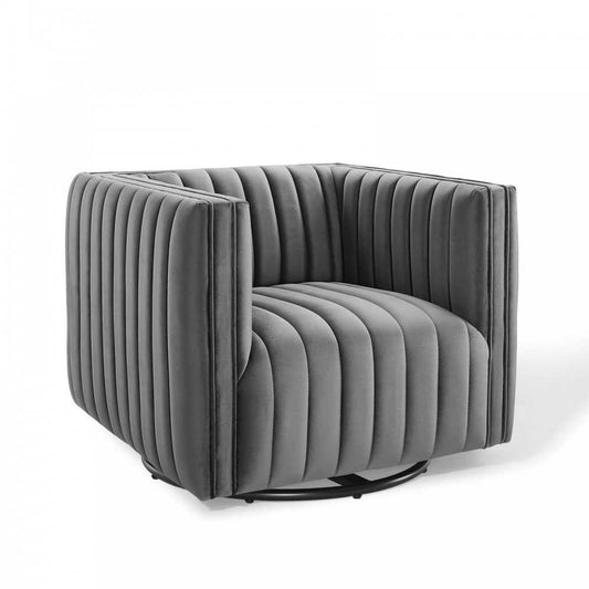 Conjure Channel Tufted Performance Velvet Swivel Armchair, Gray