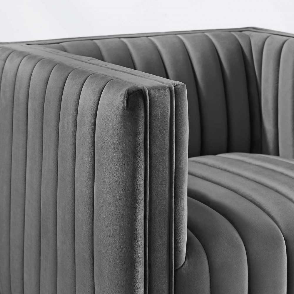 Conjure Channel Tufted Performance Velvet Swivel Armchair, Gray