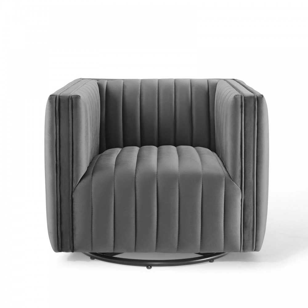 Conjure Channel Tufted Performance Velvet Swivel Armchair, Gray