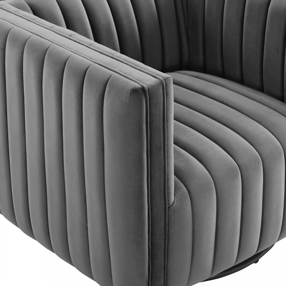 Conjure Channel Tufted Performance Velvet Swivel Armchair, Gray