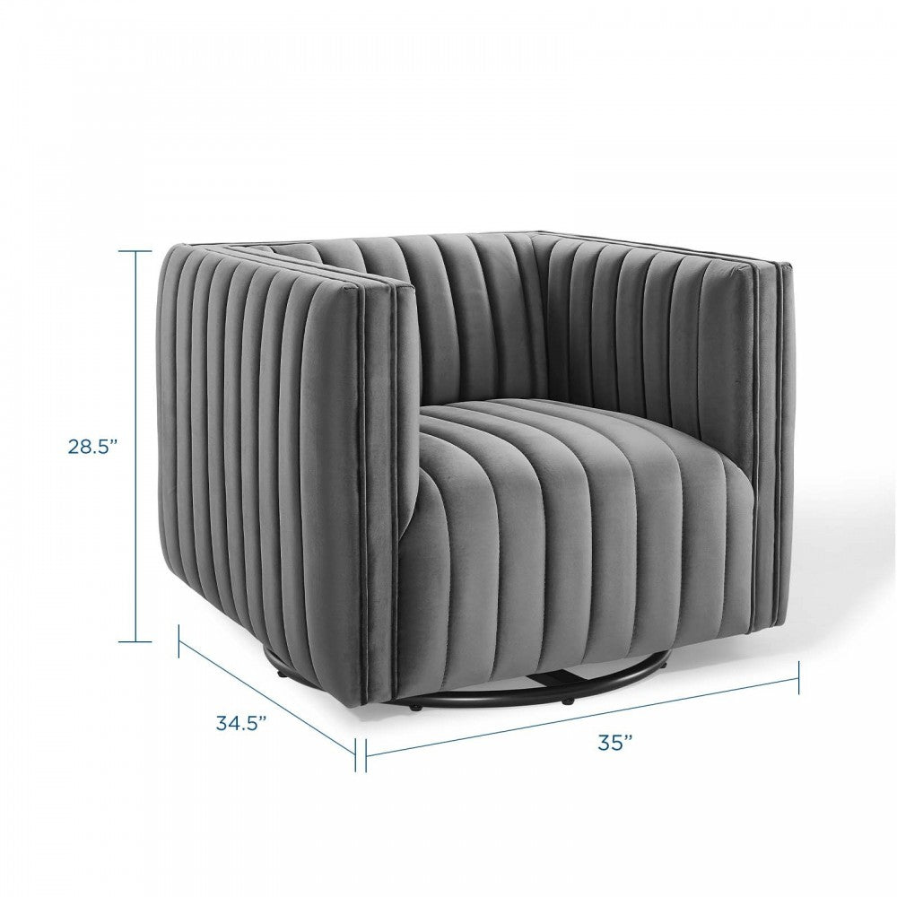 Conjure Channel Tufted Performance Velvet Swivel Armchair, Gray
