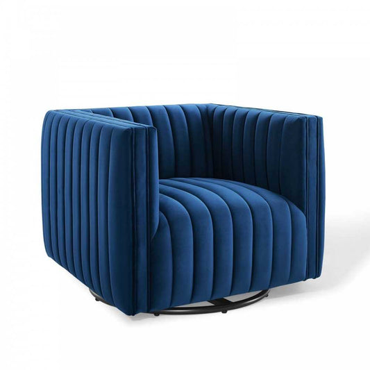 Conjure Channel Tufted Performance Velvet Swivel Armchair, Navy