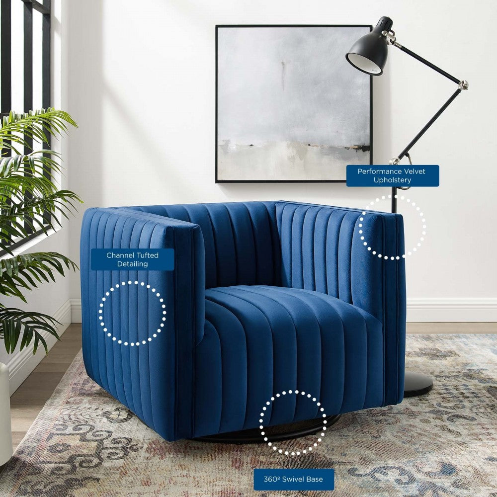 Conjure Channel Tufted Performance Velvet Swivel Armchair, Navy