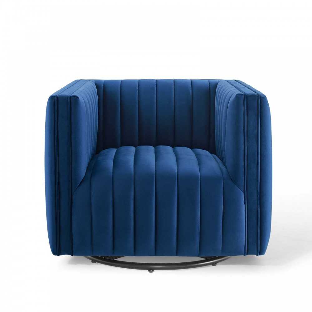 Conjure Channel Tufted Performance Velvet Swivel Armchair, Navy