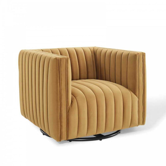 Conjure Channel Tufted Performance Velvet Swivel Armchair, Cognac