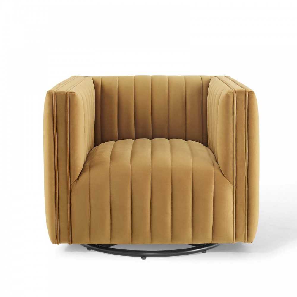 Conjure Channel Tufted Performance Velvet Swivel Armchair, Cognac