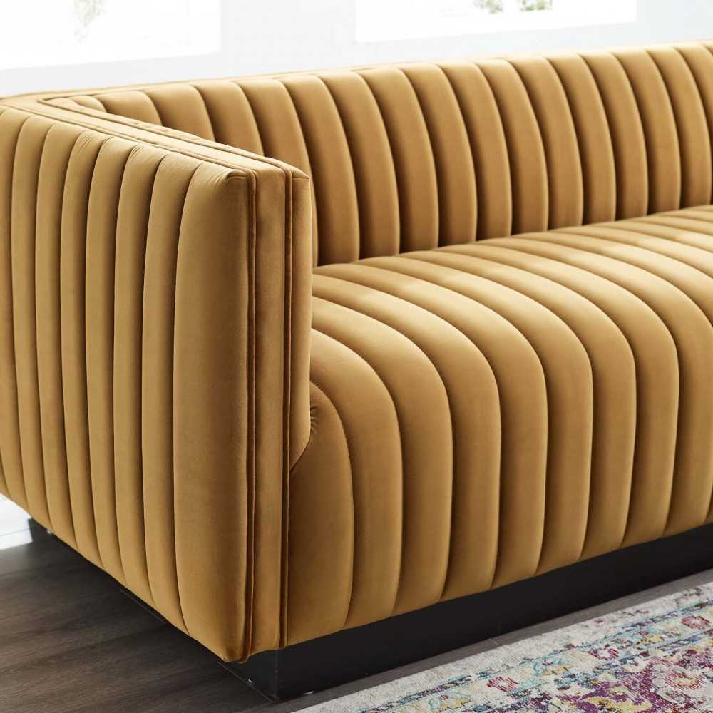 Conjure Channel Tufted Velvet Sofa, Cognac
