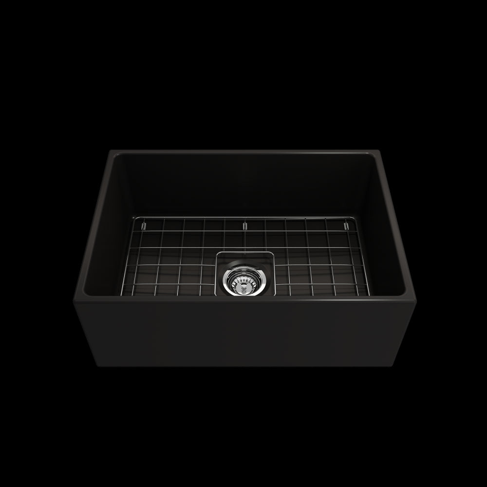 Contempo Apron Front Fireclay 27 in. Single Bowl Kitchen Sink with Protective Bottom Grid and Strainer in Matte Black