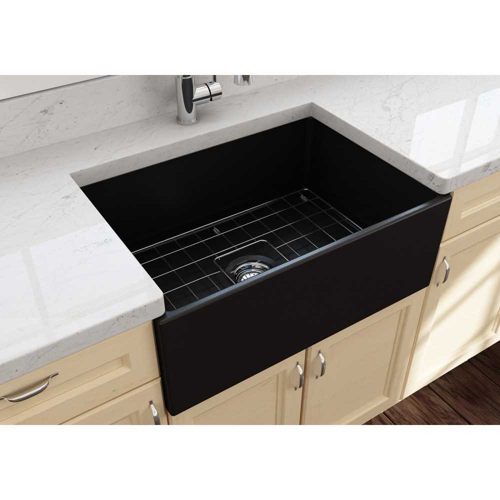 Contempo Apron Front Fireclay 27 in. Single Bowl Kitchen Sink with Protective Bottom Grid and Strainer in Matte Black