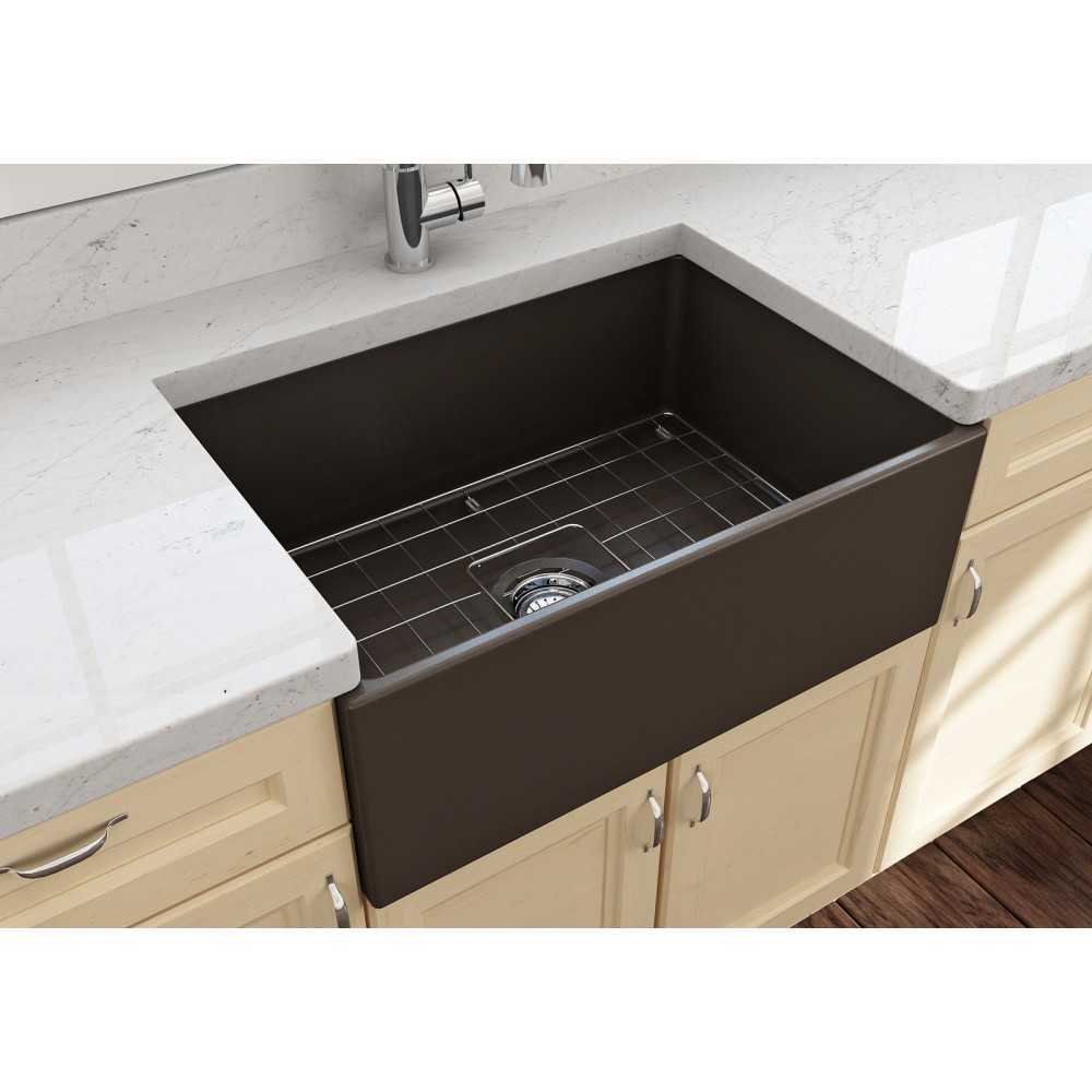 Contempo Apron Front Fireclay 27 in. Single Bowl Kitchen Sink with Protective Bottom Grid and Strainer in Matte Brown
