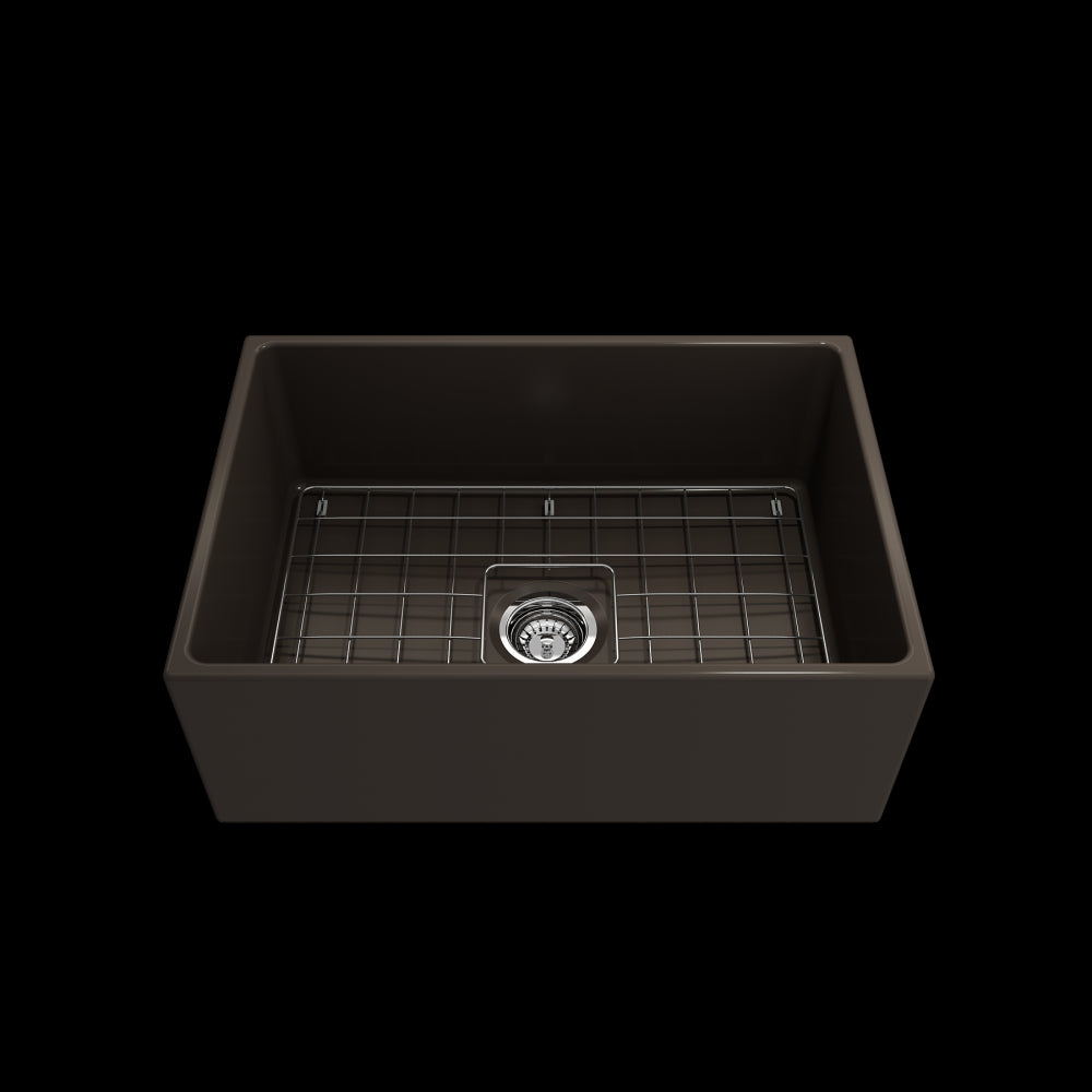 Contempo Apron Front Fireclay 27 in. Single Bowl Kitchen Sink with Protective Bottom Grid and Strainer in Matte Brown