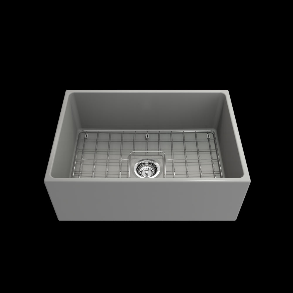 Contempo Apron Front Fireclay 27 in. Single Bowl Kitchen Sink with Protective Bottom Grid and Strainer in Matte Gray
