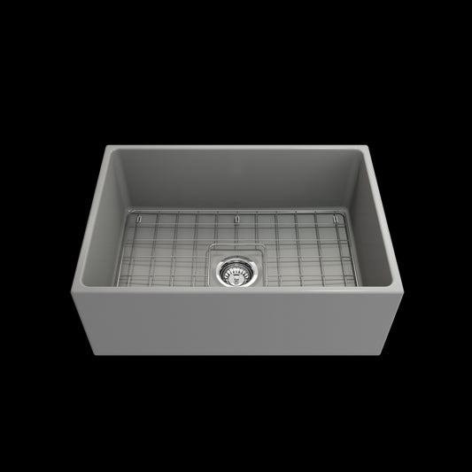 Contempo Apron Front Fireclay 27 in. Single Bowl Kitchen Sink with Protective Bottom Grid and Strainer in Matte Gray