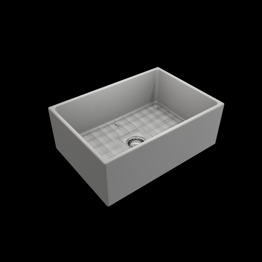 Contempo Apron Front Fireclay 27 in. Single Bowl Kitchen Sink with Protective Bottom Grid and Strainer in Matte Gray