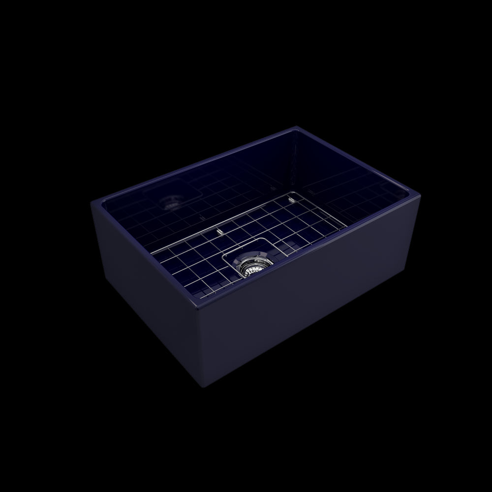 Contempo Apron Front Fireclay 27 in. Single Bowl Kitchen Sink with Protective Bottom Grid and Strainer in Sapphire Blue