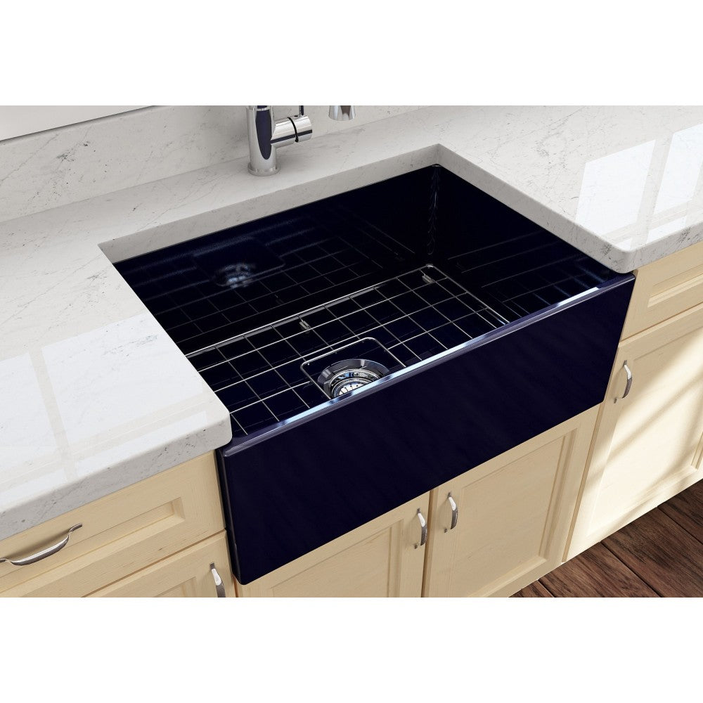 Contempo Apron Front Fireclay 27 in. Single Bowl Kitchen Sink with Protective Bottom Grid and Strainer in Sapphire Blue