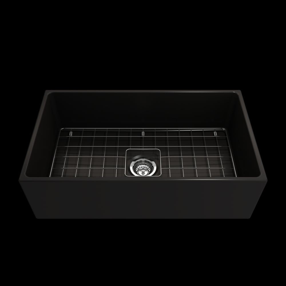 Contempo Apron Front Fireclay 33 in. Single Bowl Kitchen Sink with Protective Bottom Grid and Strainer in Matte Black