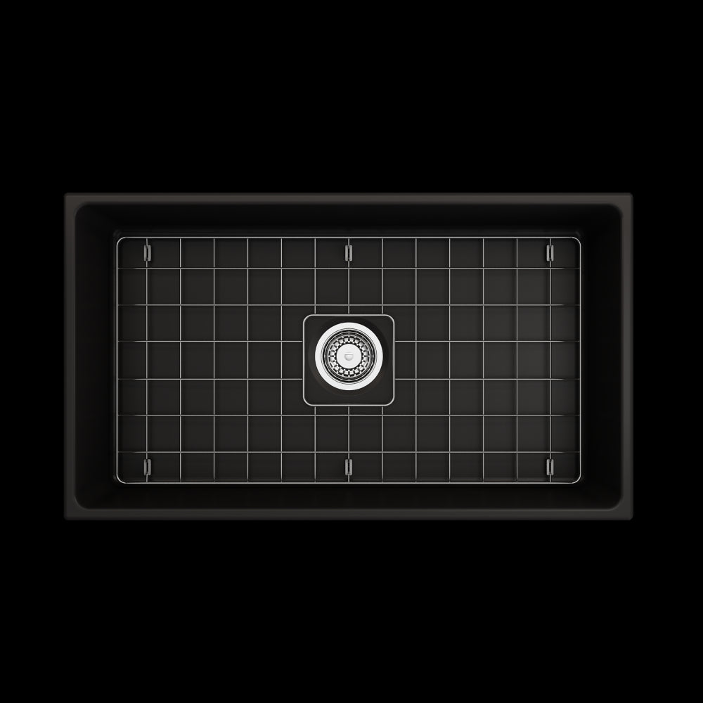 Contempo Apron Front Fireclay 33 in. Single Bowl Kitchen Sink with Protective Bottom Grid and Strainer in Matte Black
