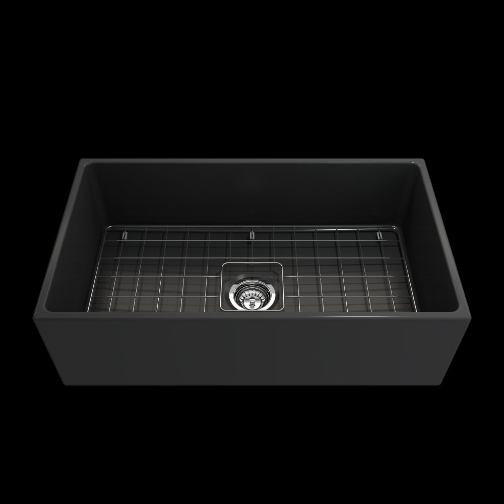 Contempo Apron Front Fireclay 33 in. Single Bowl Kitchen Sink with Protective Bottom Grid and Strainer in Matte Dark Gray