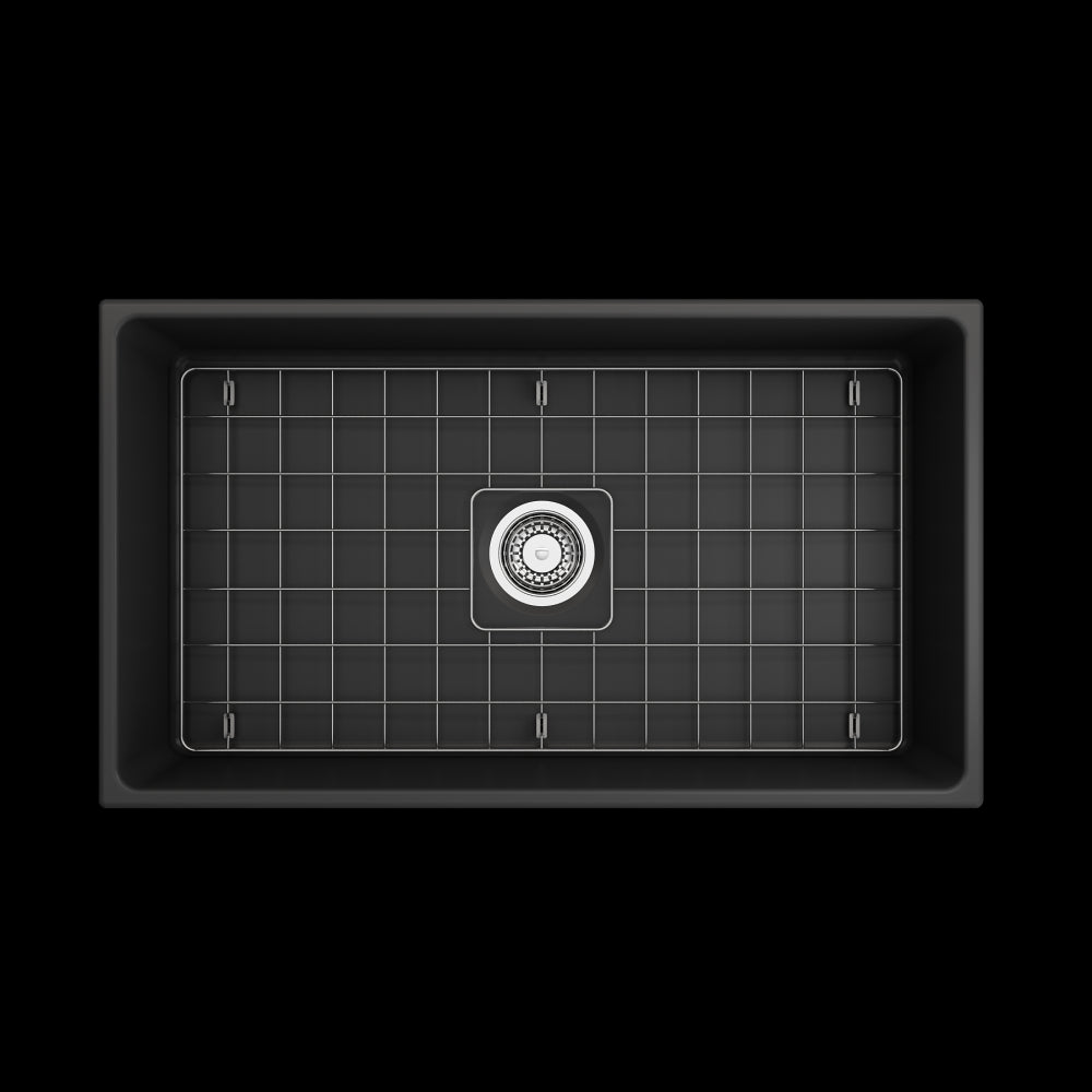Contempo Apron Front Fireclay 33 in. Single Bowl Kitchen Sink with Protective Bottom Grid and Strainer in Matte Dark Gray