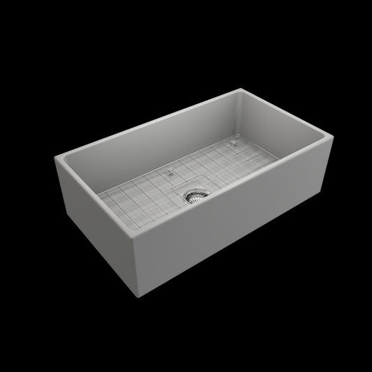 Contempo Apron Front Fireclay 33 in. Single Bowl Kitchen Sink with Protective Bottom Grid and Strainer in Matte Gray
