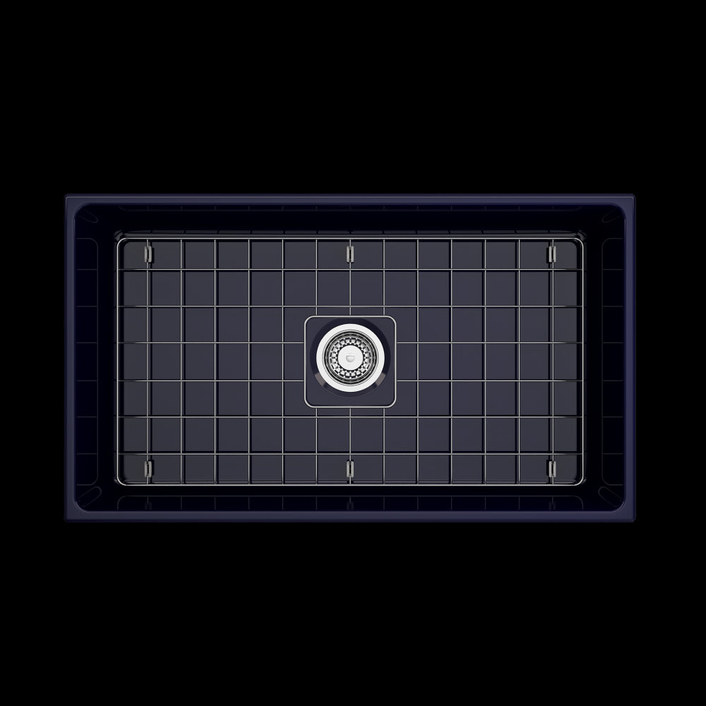 Contempo Apron Front Fireclay 33 in. Single Bowl Kitchen Sink with Protective Bottom Grid and Strainer in Sapphire Blue