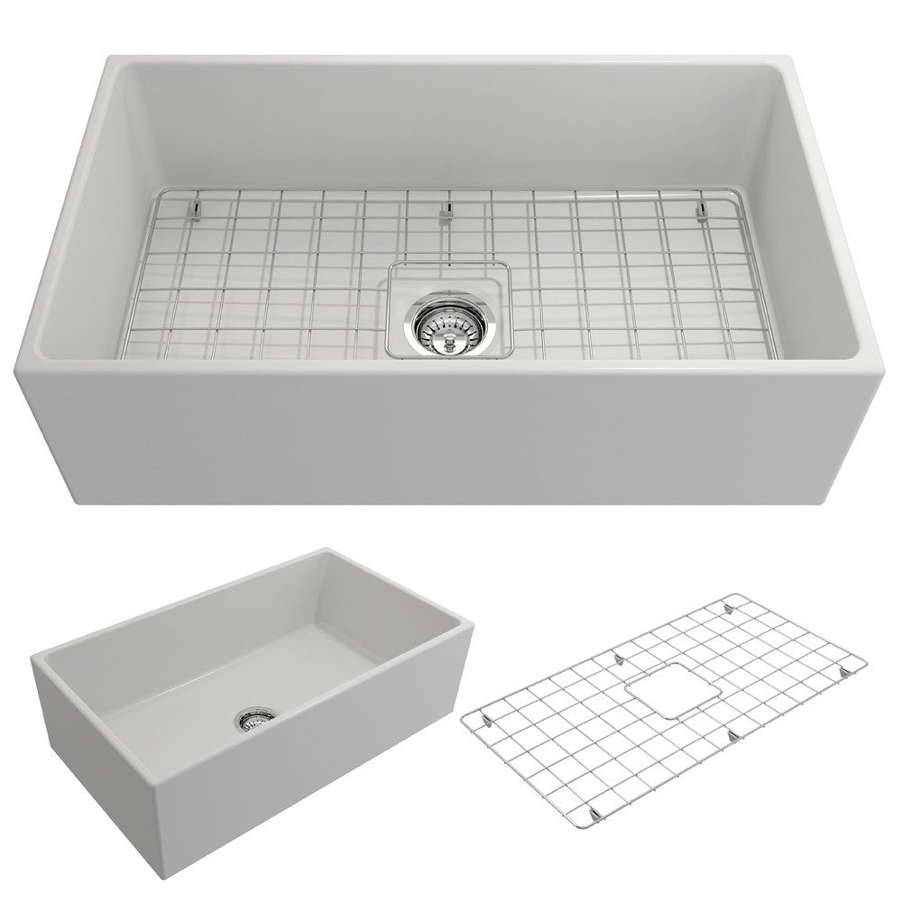 Contempo Apron Front Fireclay 33 in. Single Bowl Kitchen Sink with Protective Bottom Grid and Strainer in White, Matte White