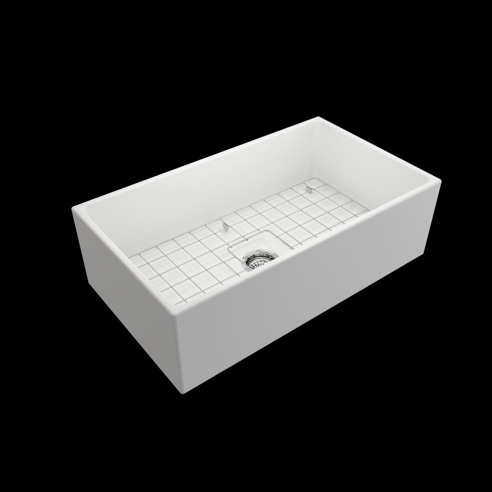 Contempo Apron Front Fireclay 33 in. Single Bowl Kitchen Sink with Protective Bottom Grid and Strainer in White, Matte White