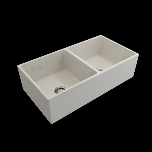 Contempo Apron Front Fireclay 36 in. Double Bowl Kitchen Sink with Protective Bottom Grids and Strainers in Biscuit