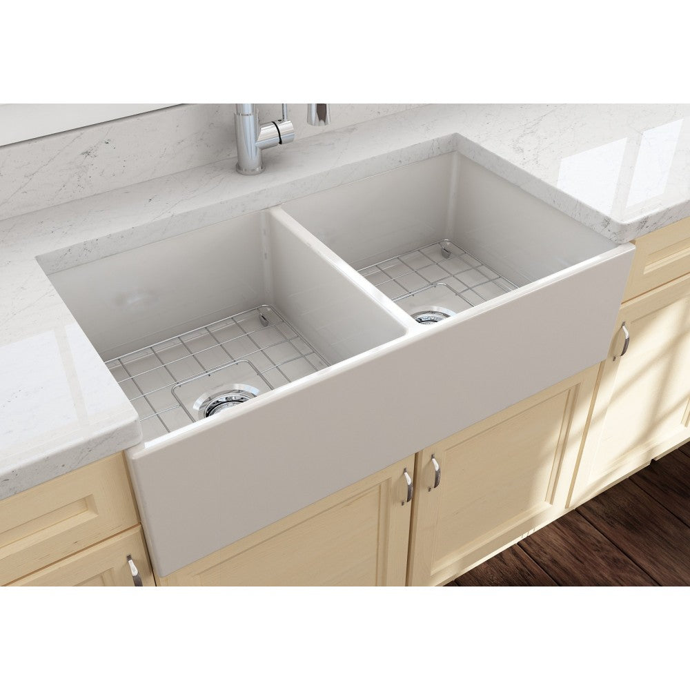 Contempo Apron Front Fireclay 36 in. Double Bowl Kitchen Sink with Protective Bottom Grids and Strainers in Biscuit