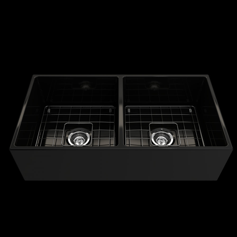 Contempo Apron Front Fireclay 36 in. Double Bowl Kitchen Sink with Protective Bottom Grids and Strainers in Black