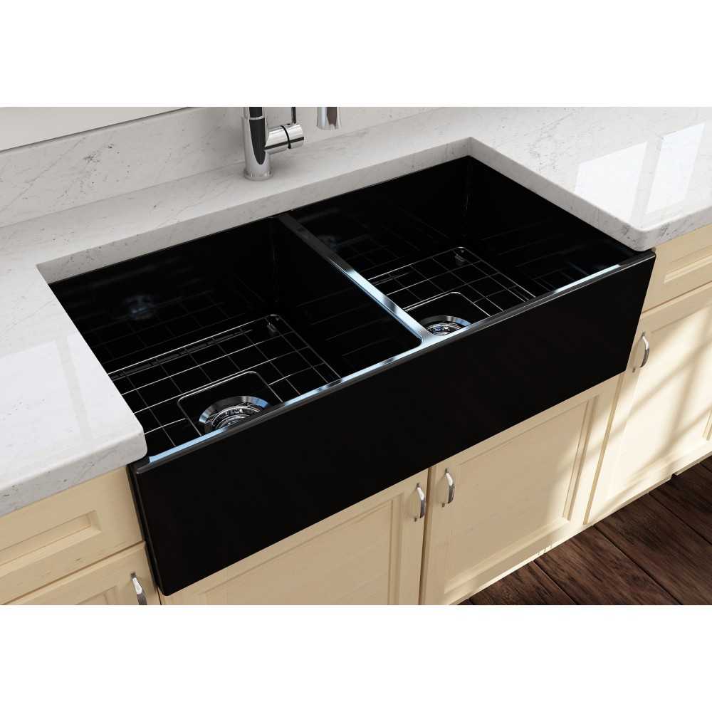 Contempo Apron Front Fireclay 36 in. Double Bowl Kitchen Sink with Protective Bottom Grids and Strainers in Black