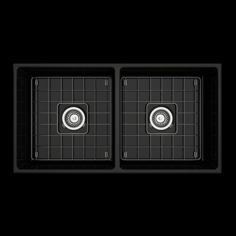 Contempo Apron Front Fireclay 36 in. Double Bowl Kitchen Sink with Protective Bottom Grids and Strainers in Black