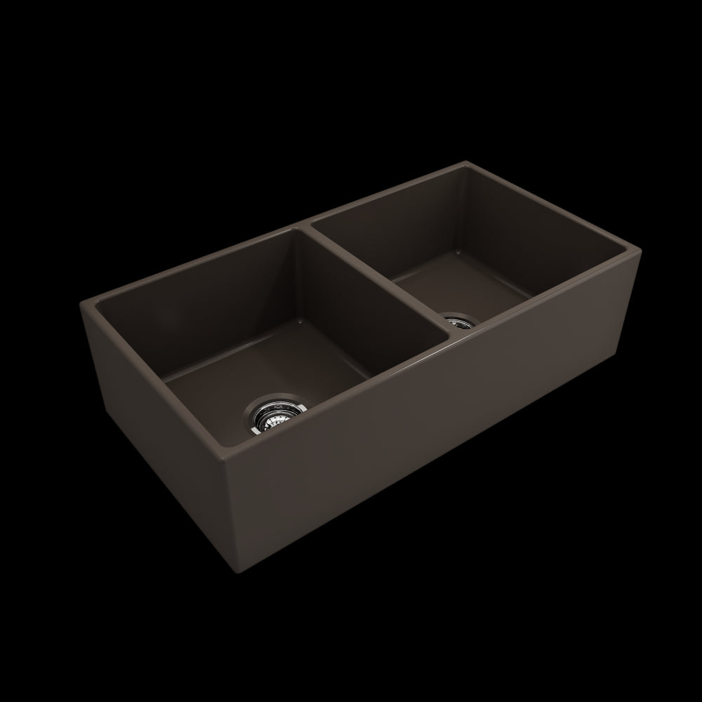 Contempo Apron Front Fireclay 36 in. Double Bowl Kitchen Sink with Protective Bottom Grids and Strainers in Matte Brown