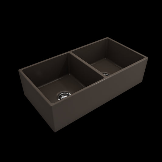 Contempo Apron Front Fireclay 36 in. Double Bowl Kitchen Sink with Protective Bottom Grids and Strainers in Matte Brown