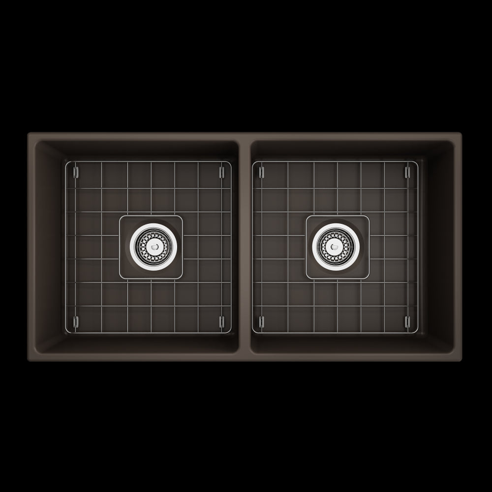 Contempo Apron Front Fireclay 36 in. Double Bowl Kitchen Sink with Protective Bottom Grids and Strainers in Matte Brown