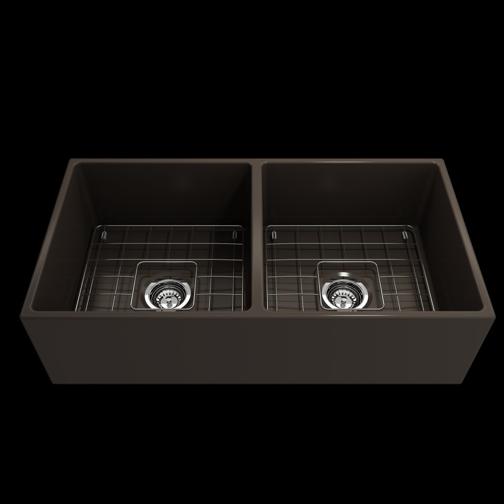 Contempo Apron Front Fireclay 36 in. Double Bowl Kitchen Sink with Protective Bottom Grids and Strainers in Matte Brown