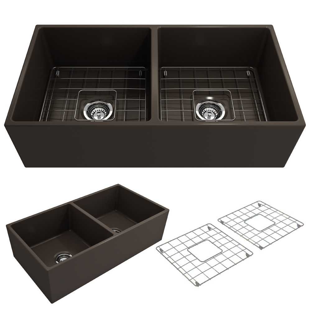Contempo Apron Front Fireclay 36 in. Double Bowl Kitchen Sink with Protective Bottom Grids and Strainers in Matte Brown