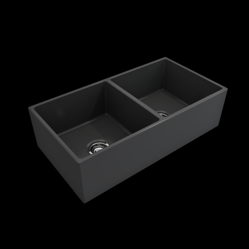 Contempo Apron Front Fireclay 36 in. Double Bowl Kitchen Sink with Protective Bottom Grids and Strainers in Matte Dark Gray