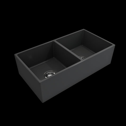 Contempo Apron Front Fireclay 36 in. Double Bowl Kitchen Sink with Protective Bottom Grids and Strainers in Matte Dark Gray